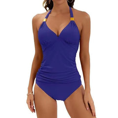 Women's Solid Color Neck Split Strap Two-piece Swimsuit V-neck Swimsuit with Shorts Bikini Sets