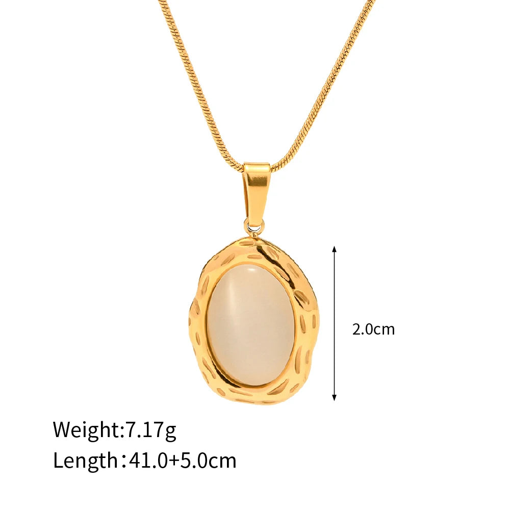 18K Gold Plated Stainless Steel Oval Shape White Cat Eye Opal Stone Pendant Necklace Fashion Jewelry