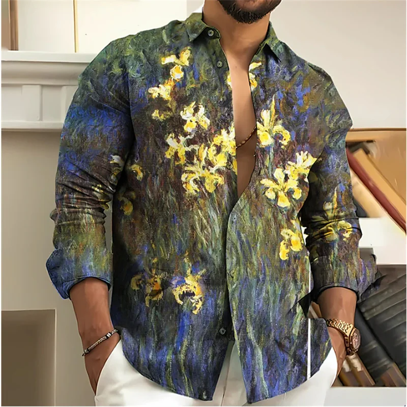 Vintage 2023 Men's Shirt Floral 3D Printing Lapel Long Sleeve Outdoor Streetwear Fashion Dress