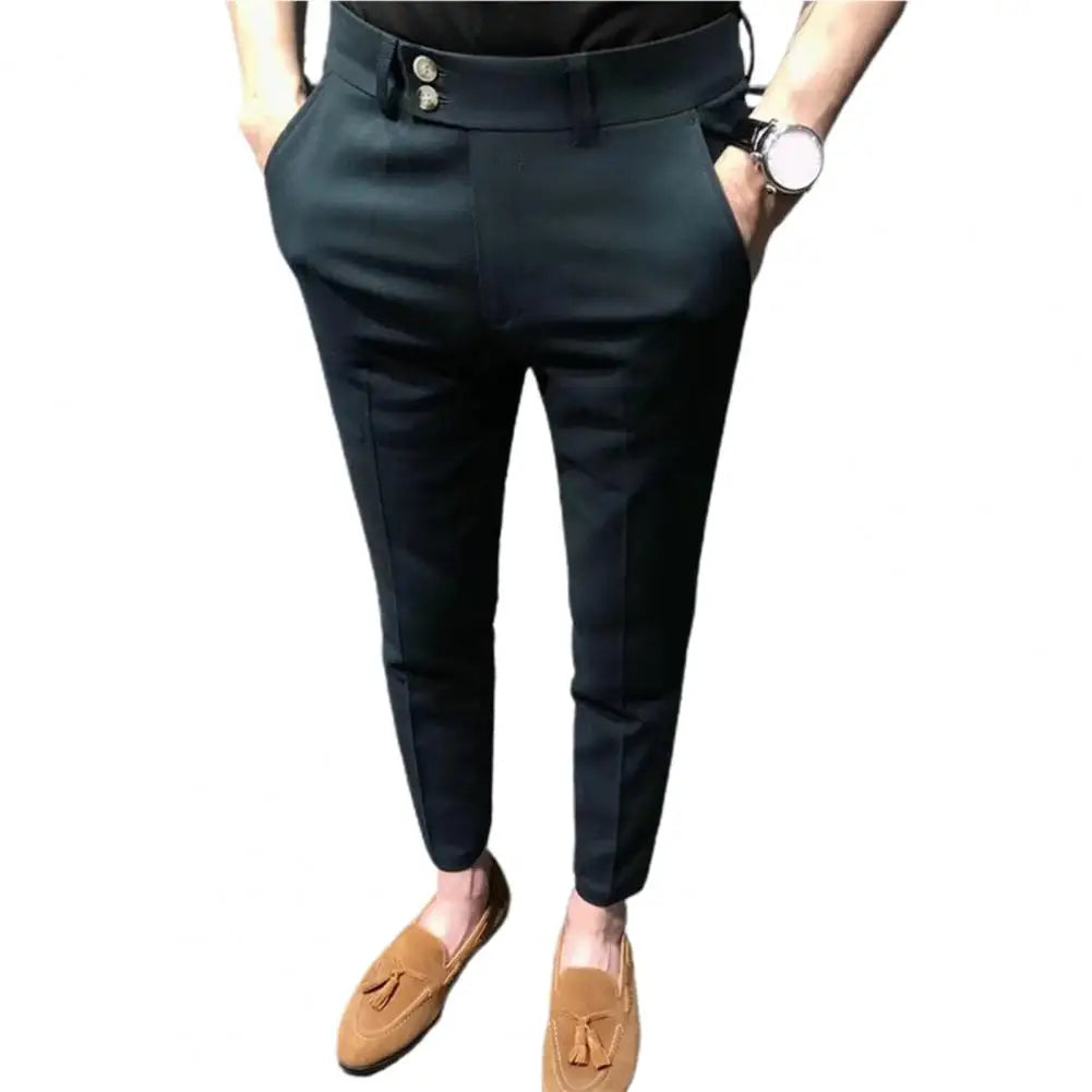 Trendy Ninth Suit Pants Office Slim Fit Wear-resistant Zip Up Ninth Suit Pants  Ankle Length Ninth Trousers Male Garment