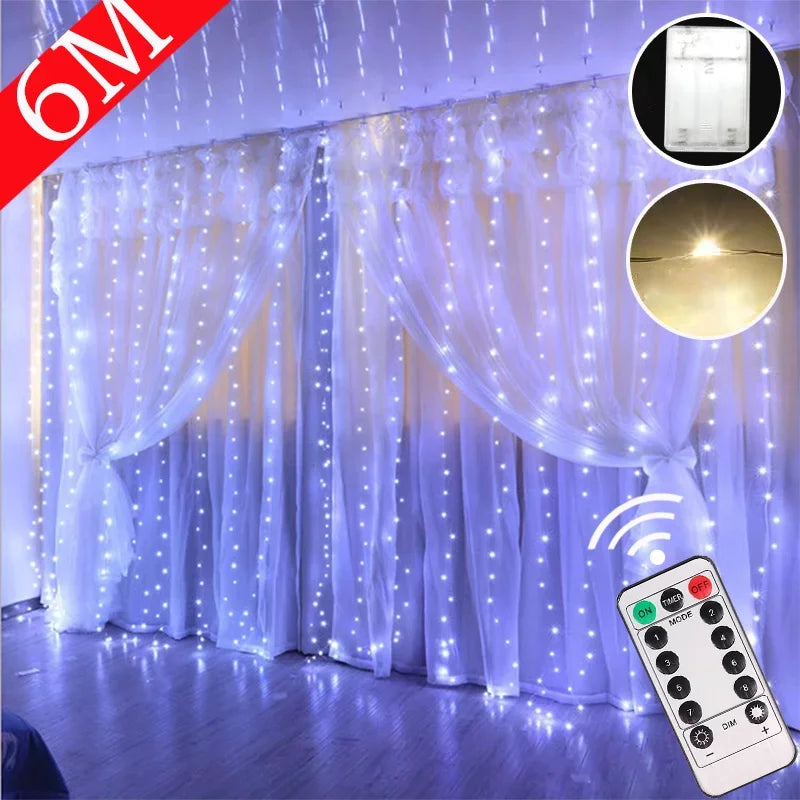 LED Garland Curtain Lights 8 Modes  Remote Control Fairy Lights String Wedding Christmas Decor