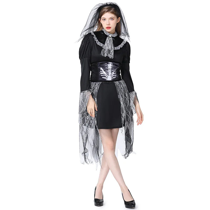 Gothic Woman Black Lace Corpse Bride Cosplay Female Halloween Skeleton Ghost Costume