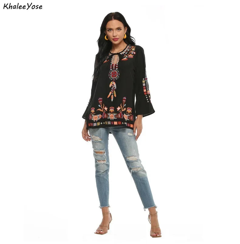 YOSE Black Boho Embroidery Blouses Shirt Women Autumn Spring Mexican Shir