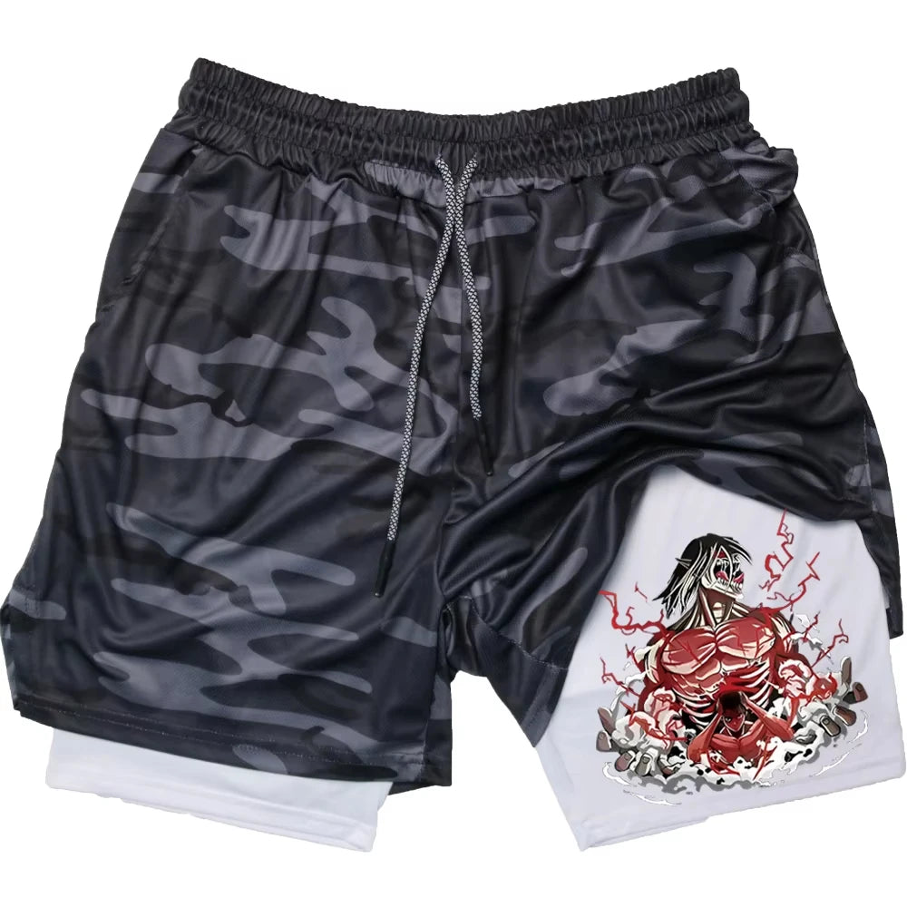 Anime Gym Shorts Men Fitness Gothic Manga 2 in 1 Performance Shorts Mesh Quick Dry Athletics Short Pants