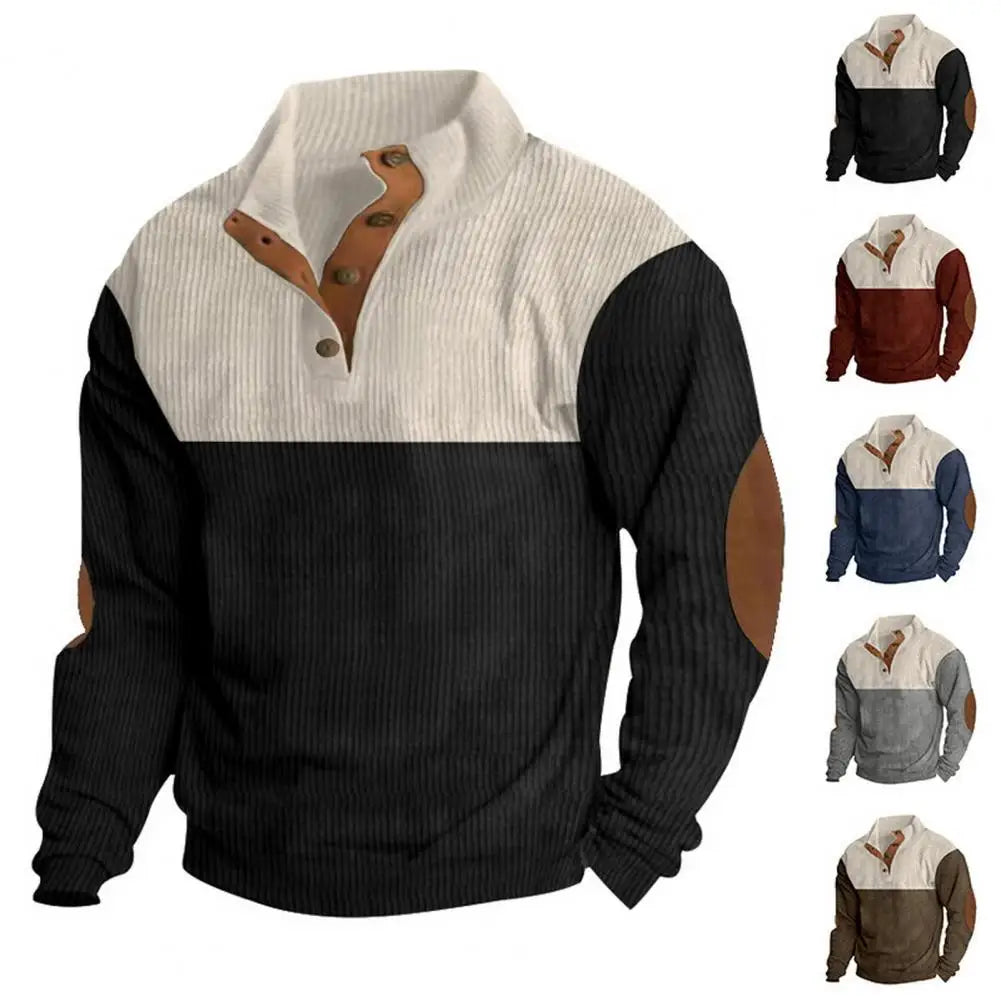 Color-blocked Pullover Men's Colorblock Stand Collar Sweatshirt with Button Detail Sporty Pullover for Fall Spring Casual Daily