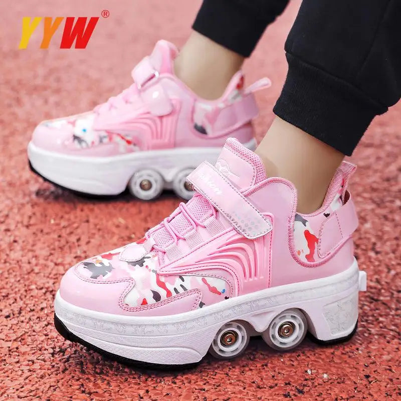 Four-Wheel Dual-Use Skating Shoes Double-Row Roller Student Men's Casual Sneakers Women's Men's Sport Walking Running Shoes