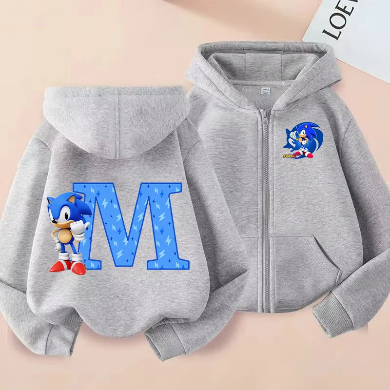 New Sonics Boys Zip-up Hoodies Kids Anime Hoodie Cartoon Letter Printed Tops Winter Warm Jacket Coat Autumn Children Clothing