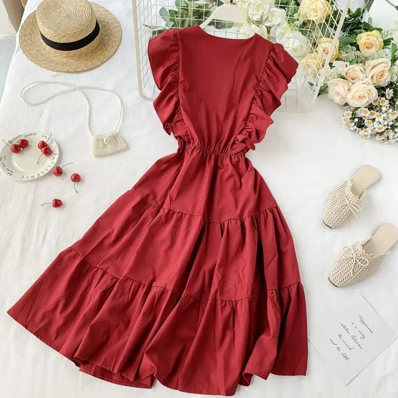 MEXZT Elegant Midi Dress Women Ruffles V Neck Sleeveless A Line Dresses Summer