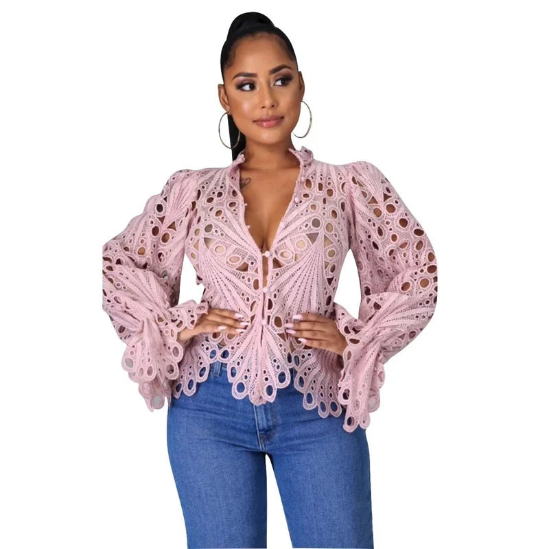 Casual Lantern Long Sleeve Stand Collar Shirts Lace Hollow Out Short Blouse Female Elegant Red/Pink/White Loose Tops