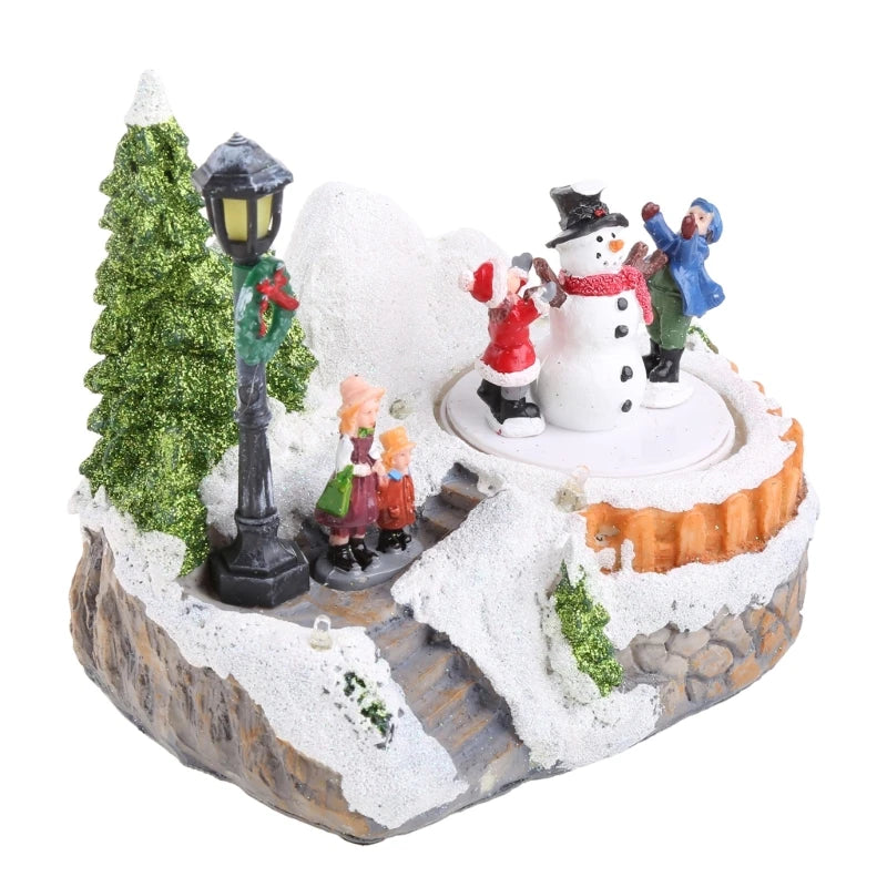 Christmas LED Light Musical Village Resin Ornament Revolving Snowman Tree Decor