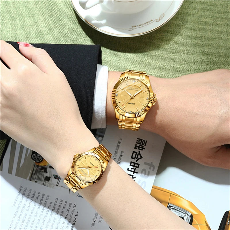 Stainless Steel Unique Golden Woman Men Business Quartz Wristwatch