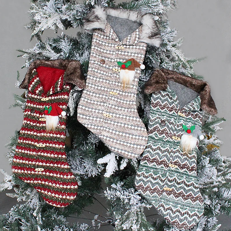 Plaid Christmas stockings knitted candy bag Christmas tree hanging socks