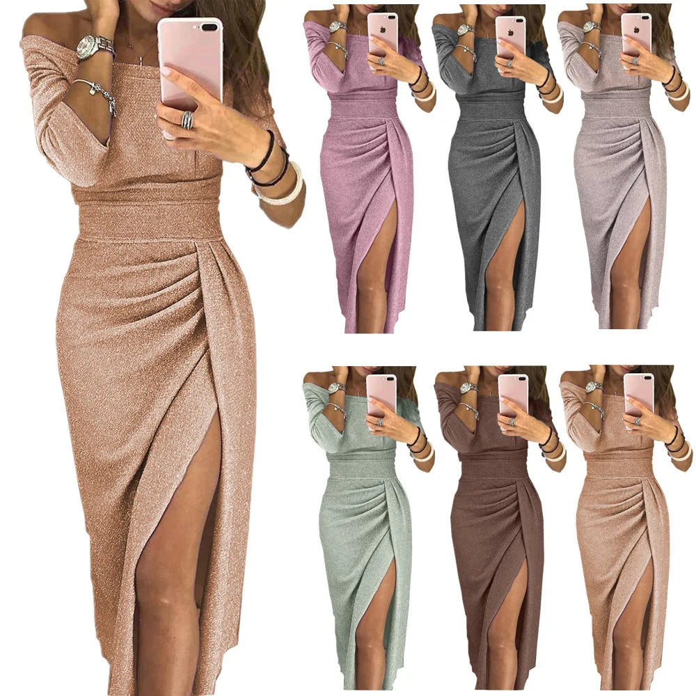 Women's Off Shoulder Long Sleeve Bodycon Evening Party Long Dress Asymmetrical Split Pencil Dresses