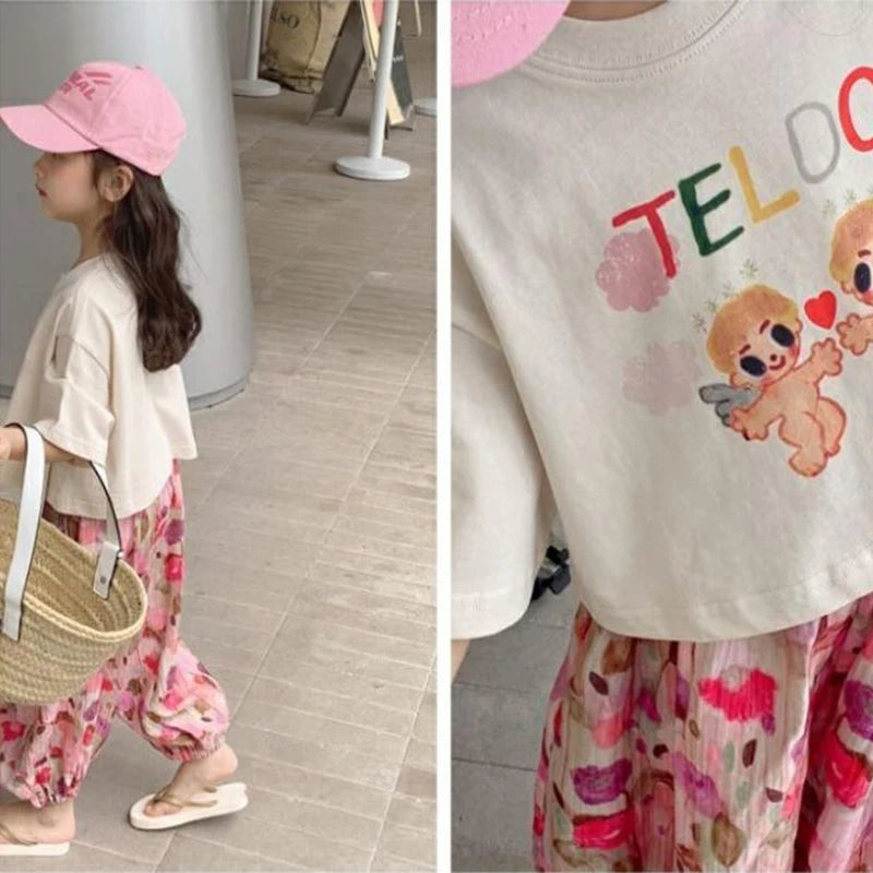 Girls T-Shirt+Lantern Pants 2Pcs Clothes Sets Kids Summer Cartoon Tops+Mosquito Prevention Trousers Suits