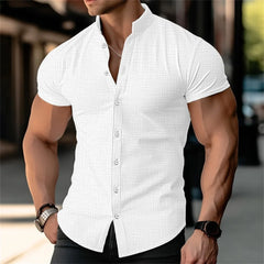 Men's stand up collar printed shirt solid color short sleeved button linen shirt