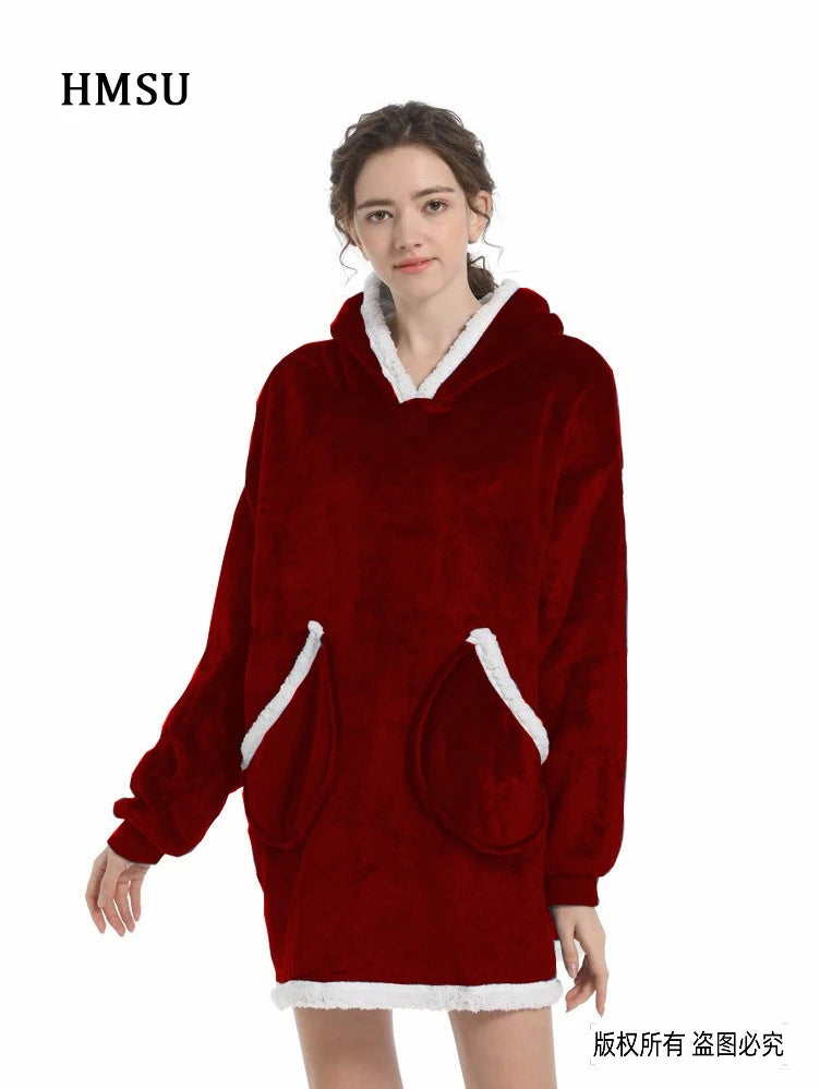 HMSU Oversized Hoodie Blanket With Sleeves Sweatshirt Plaid Winter Fleece Hoody