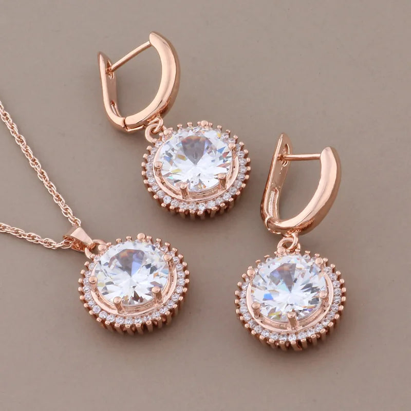 Rose Gold Color High Quality White Natural Zircon Round Earrings Luxury Elegant Women's Jewelry Set