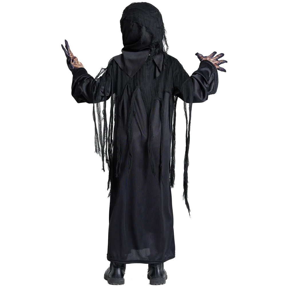 Boys Black Death Azrael Cosplay Kids Children Halloween Devil Ghost Skeleton Robe