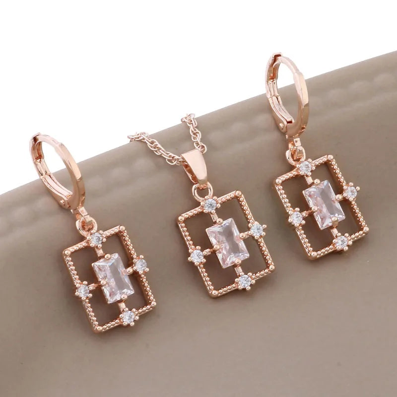 New Trend Luxury Necklaces And Earrings Set Rose Gold Color Simple Rectangle Geometry Zircon Wedding Elegant Jewelry Sets