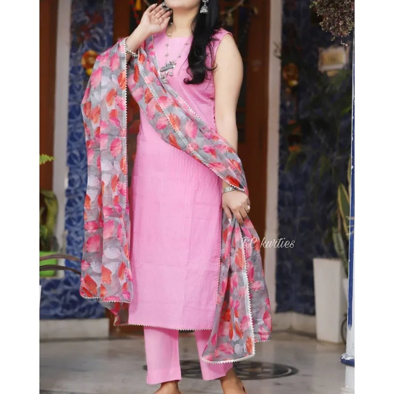 Pink Color Printed Kurti Pant with Dupatta Set Women Salwar Kameez Suit Kurta's