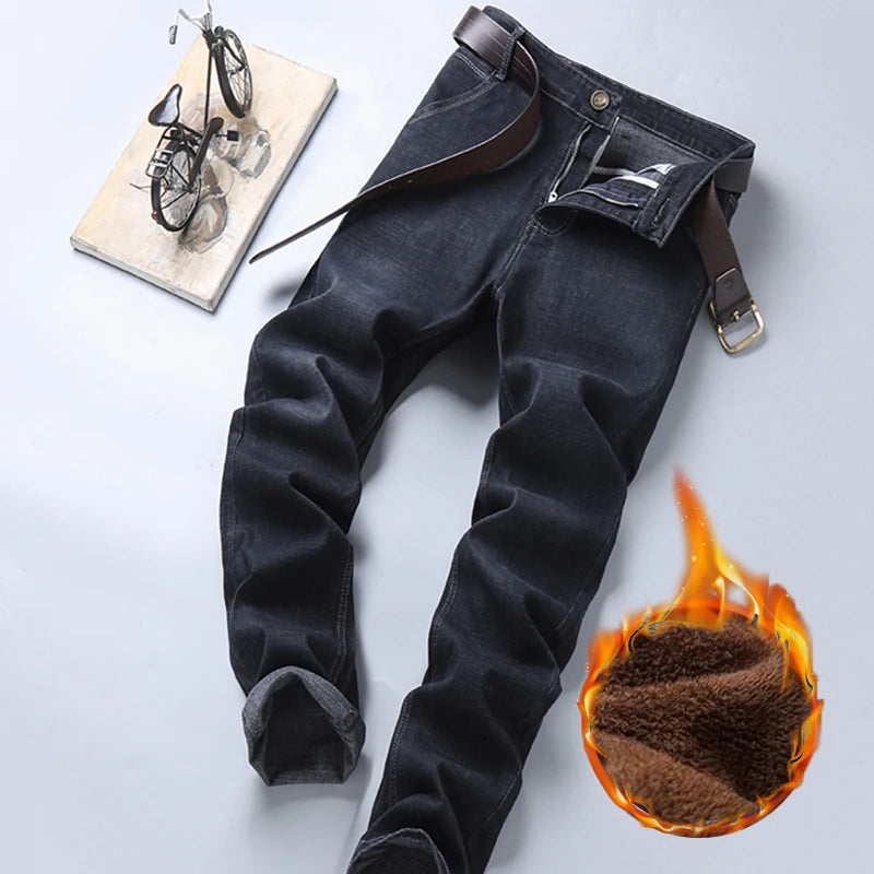 Winter fleece jeans for men, autumn and  leg elastic men's thick warm pants winter styles, loose straight