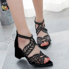 Women Summer Hollow Out Faux Leather Rhinestones Thick Heel Zipper Sandals