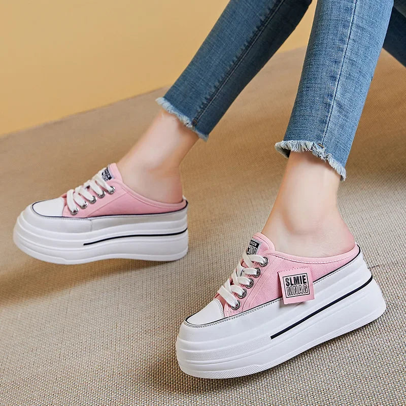 Fujin 7.5cm Denim Platform Wedge Ladies Slippers Lace Up Chunky Sneaker Casual Comfy High Brand Breathable Summer Bao Toe Shoes