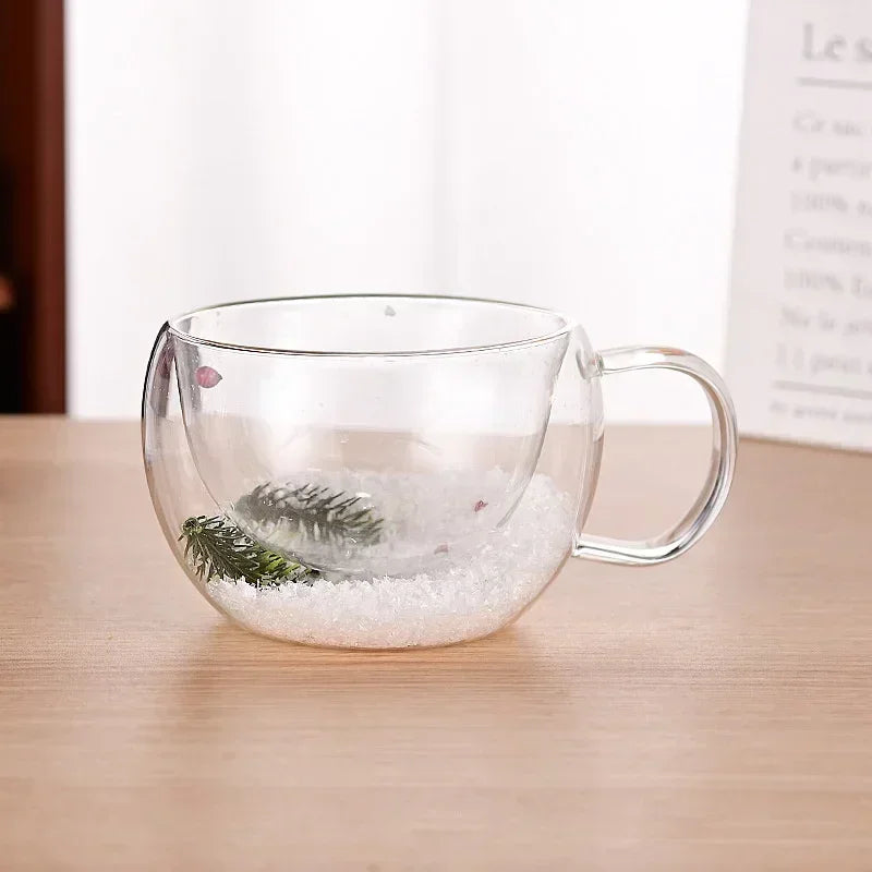 Double Wall Glass Cup Christmas Pine Leaf Snow Scene Coffee Cup Anti Scalding Heat Insulation Water Cup Xmas Gift Mug