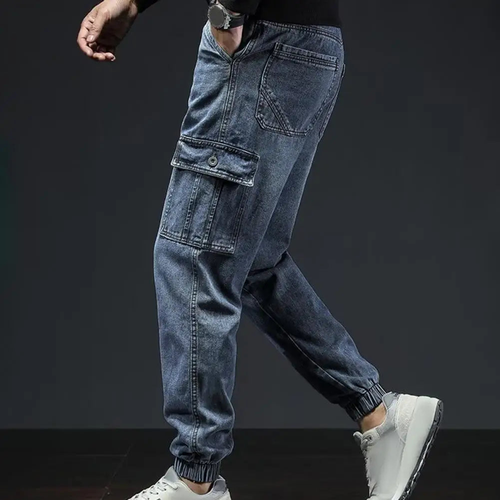 Loose Safari Style Men Cargo Pants Retro Multi Pockets Ankle-banded Elastic Mid Waist Streetwear Plus Size Men Trousers