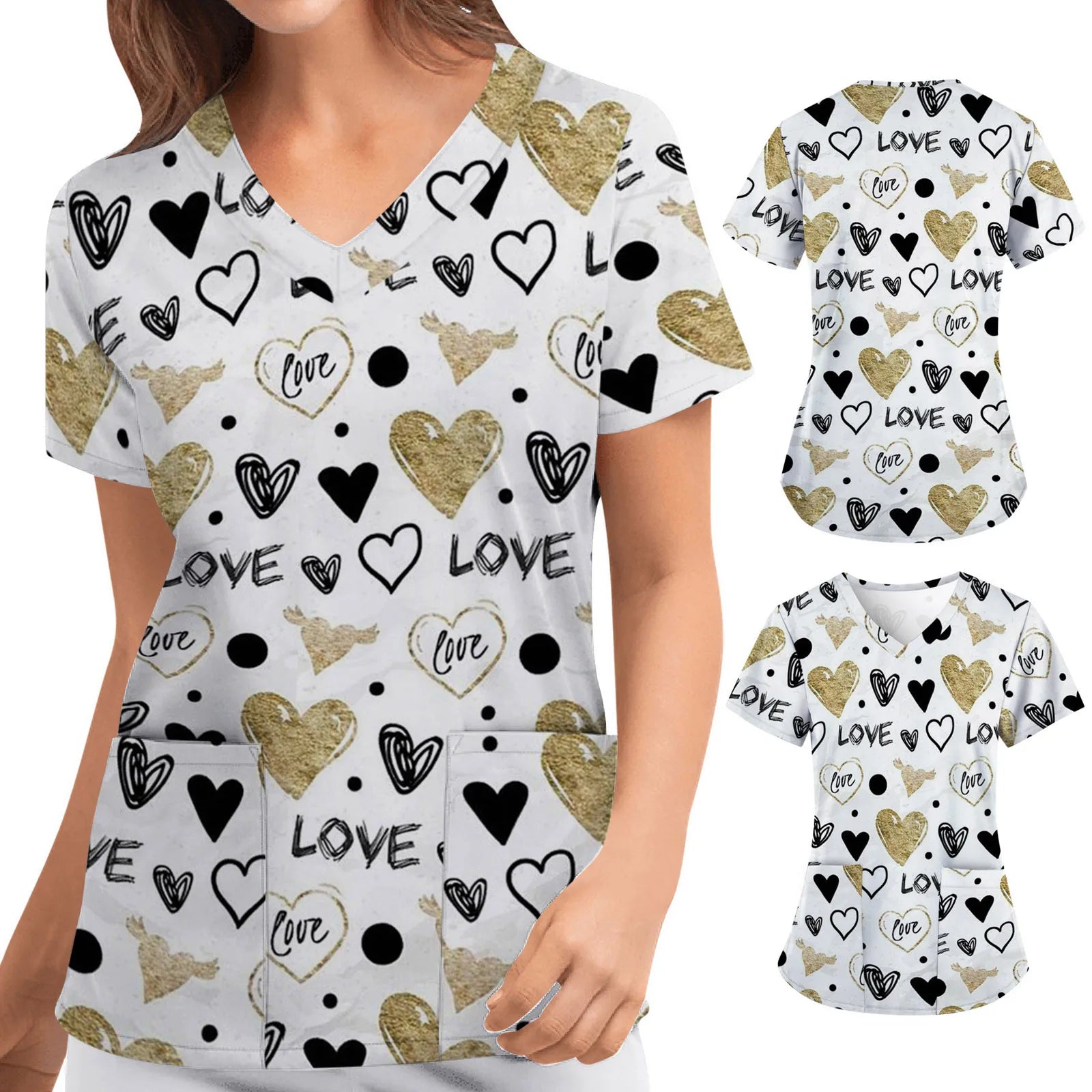 Short-sleeved Top For Nurses V-neck Women Valentine's Day Love Print Uniform Casual Women's Blouse