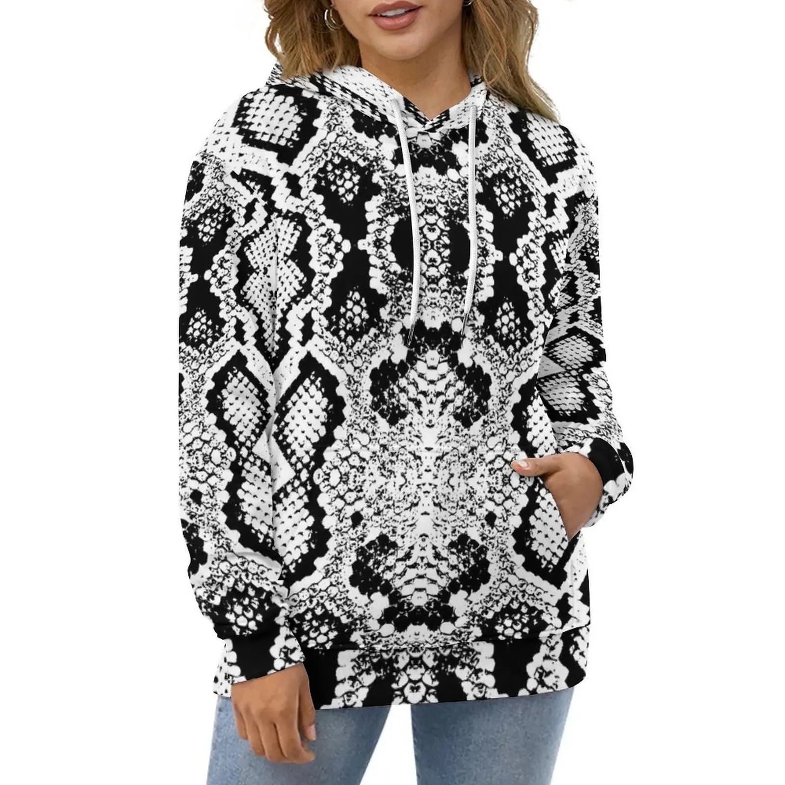 Snakeskin Casual Hoodies Black and White Animal Aesthetic Graphic Loose Hoodie