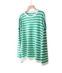 Casual Women's Oversize T-shirt Striped Green Blue Basic Soft Tops