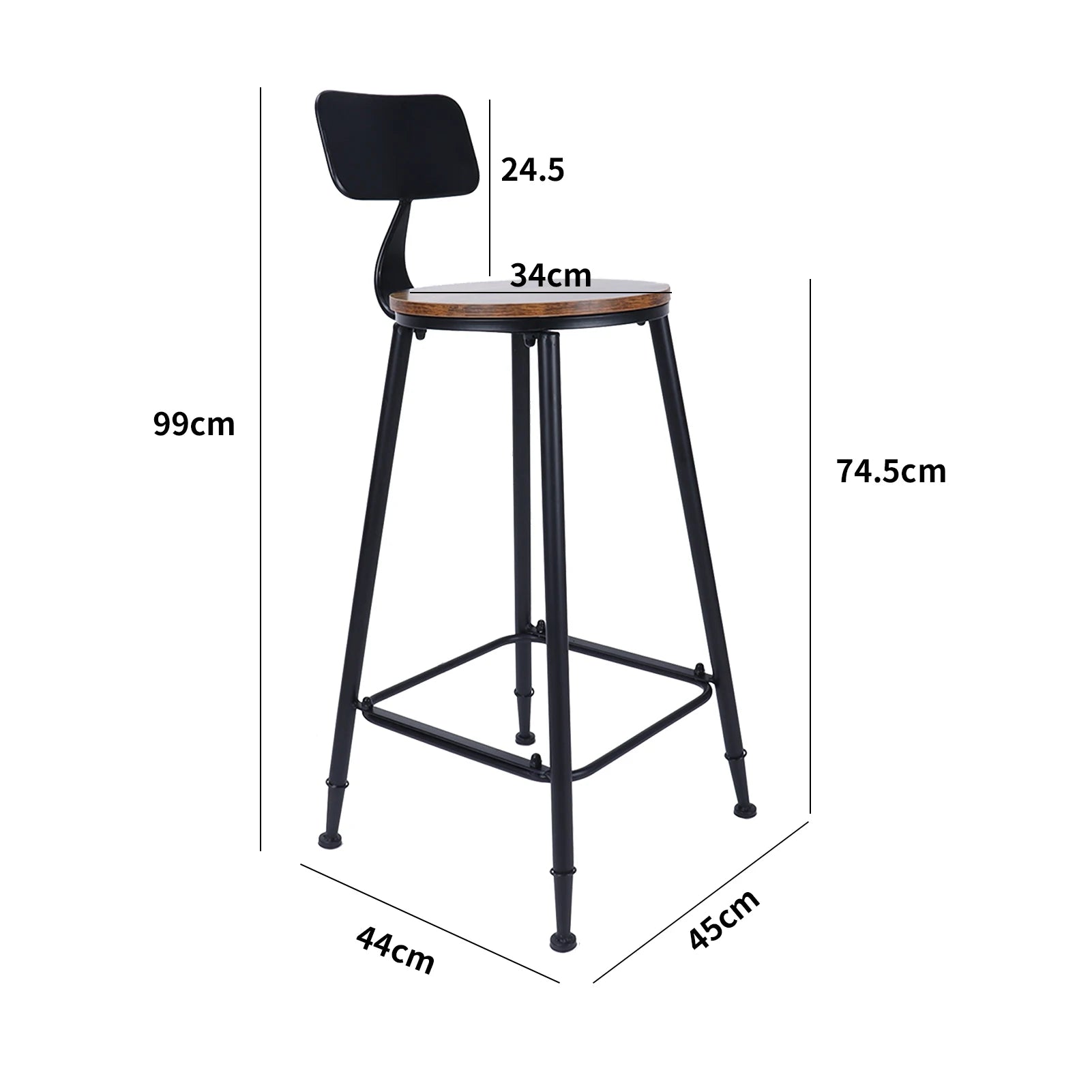 1 Pair Bar Stool with Backrest Wrought Iron Industrial Chair for Home Pub Restaurant Coffee Shop