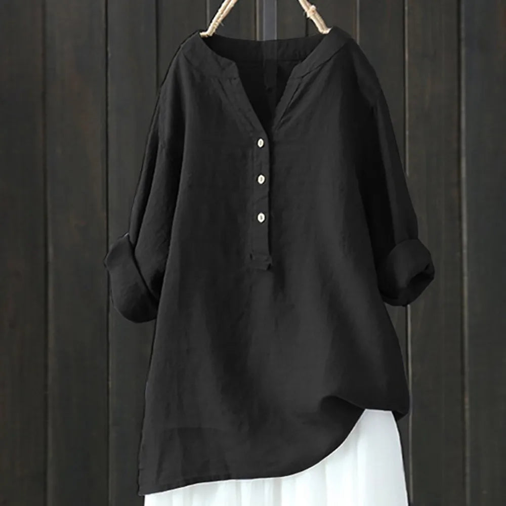 Cotton Linen Shirts Casual Loose Blouse Blended Oversize Long Sleeved V Neck Tops