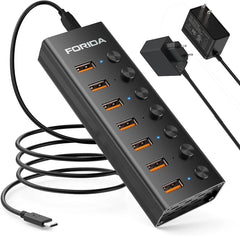 FORIDA USB 3.2 Hub 10Gbps 4/7 Port USB Splitter with Individual LED Switches and 12V Power Adapter