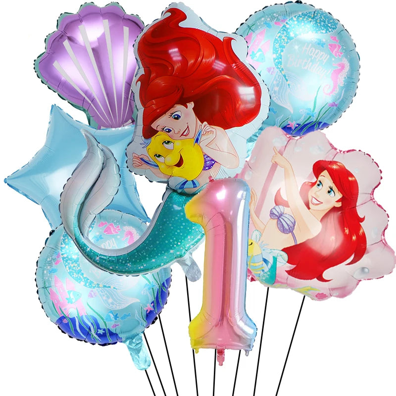 Little Mermaid Foil Balloons Set Digit 1-9 Years Old Baby Shower Mermaid Princess Themed Girls Borthday Party Decorations