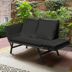 Outdoor Sofa, Woven Rattan Patio Furniture, Convertible Daybed or Double Chair with Adjustable Armrests, Cushions