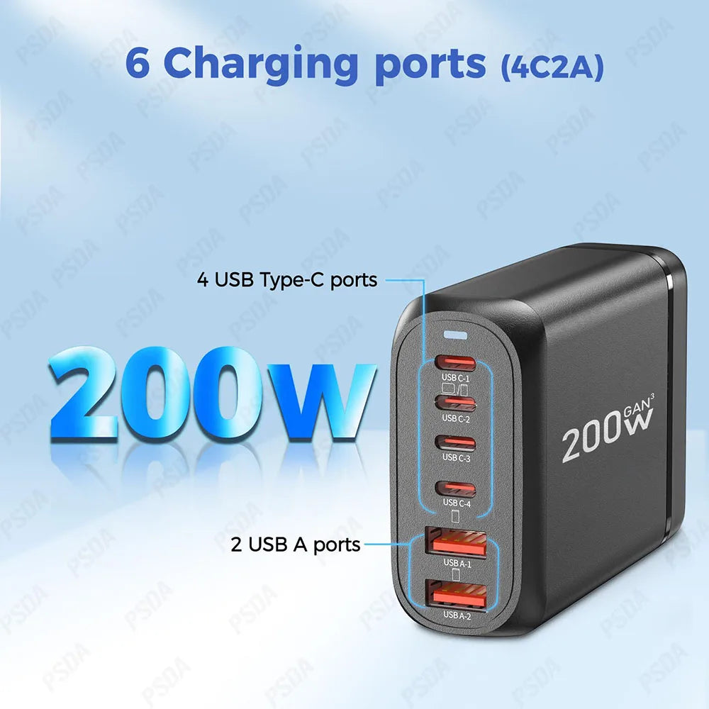 PSDA 2D 6 Ports 200W GaN Power Adapter PD 65W Fast Charger Type-C Charging Station for MacBook iPhone Samsung Xiaomi