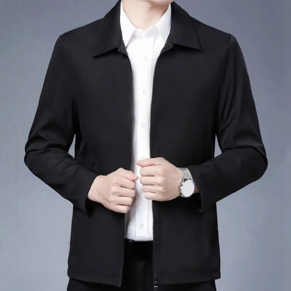 Men Jacket Elegant Mid-aged Men's Lapel Jacket with Zipper Closure Pockets for Formal Business