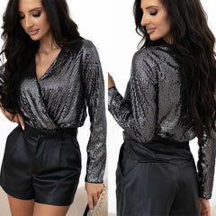 Black Sequin Long Sleeve Bodysuit Women Mesh V Neck Elegant Bodysuits Body Tops Casual Female Night Club Wear S-XL