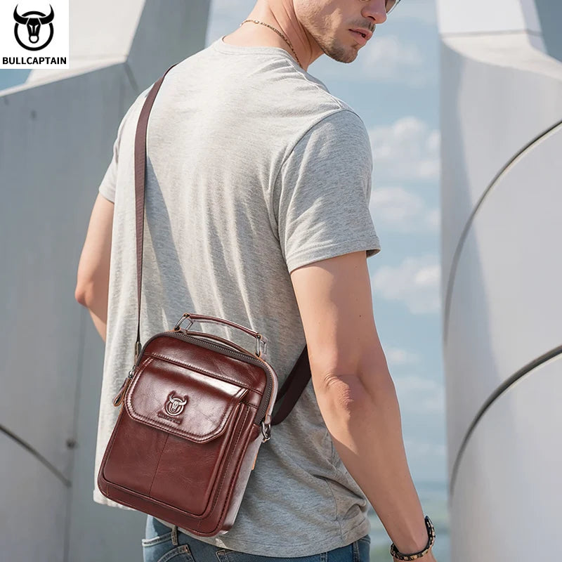 Men's Genuine Leather Shoulder Bag Multifunctional 7.9-inch Tablet Handbag Retro Casual Crossbody Bag