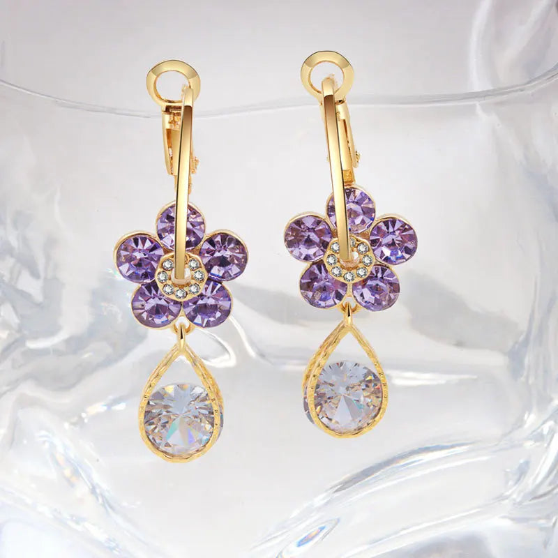 Light Luxury Crystal Flower Earrings Pendant for Women Purple Crystal Blossom Zircon Earrings