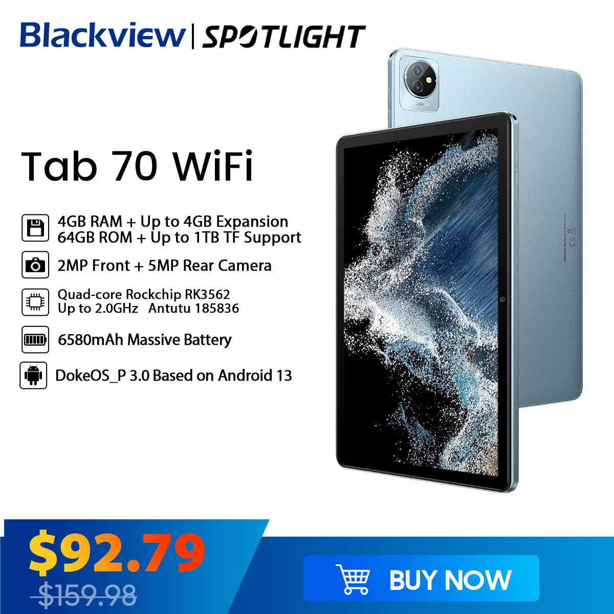 Blackview Tab 70 WIFI Android 13 Tablet 4GB 64GB 10.1-inch HD Display 6580mAh 2.4G/5G wifi tablets PC