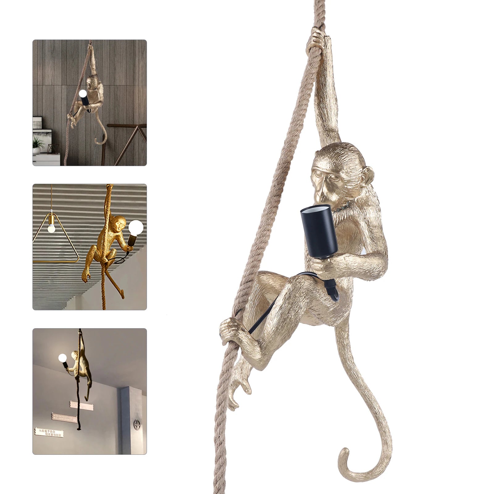 Monkey Pendant Lamp Monkey Shaped Ceiling Lamp Hemp Rope Chandelier Creative Resin Light for Home Office Décor