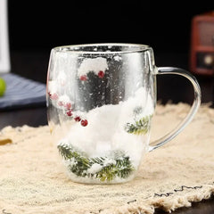 Double Wall Glass Cup Christmas Pine Leaf Snow Scene Coffee Cup Anti Scalding Heat Insulation Water Cup Xmas Gift Mug