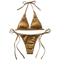 Women's Metallic Halter Top Two Piece Swimsuit Tie Side Triangle Bikini Summer Solid Bathing Suit Beachwear Bikini Set