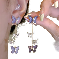 Silver Needle Purple Butterfly Long Tassel Earrings For Women Jewelry