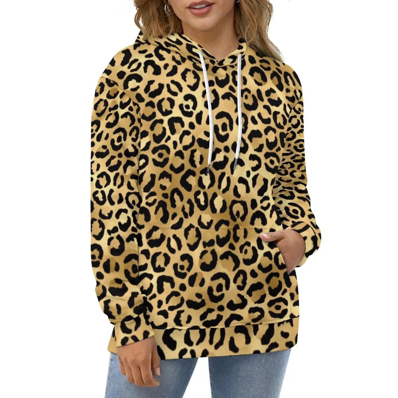 Purple And Gold Leopard Hoodies Animal Print Street Wear Oversize Hoodie