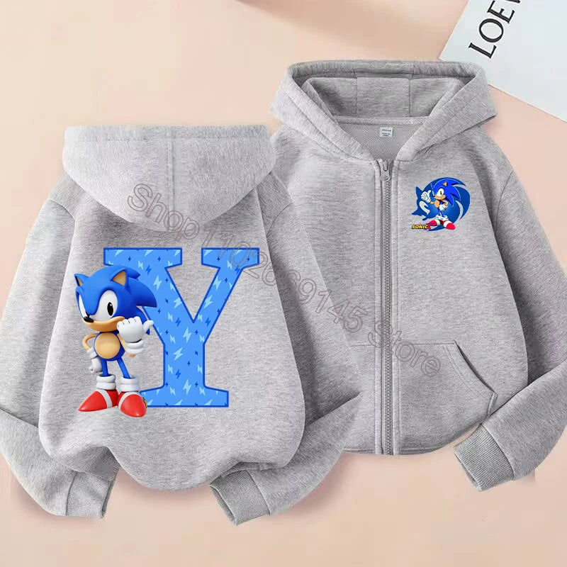 New Sonics Boys Zip-up Hoodies Kids Anime Hoodie Cartoon Letter Printed Tops Winter Warm Jacket Coat Autumn Children Clothing