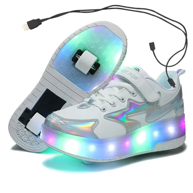 Kids LED usb charging roller shoes glowing light up luminous sneakers with wheels